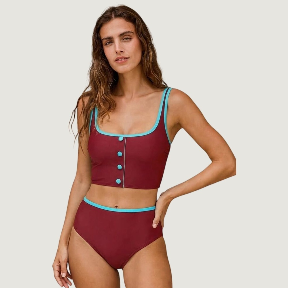 Cupshe Womens Bikini Set S Burgundy Blue Polyester Lace Up Back CAA12D6C014JJ
